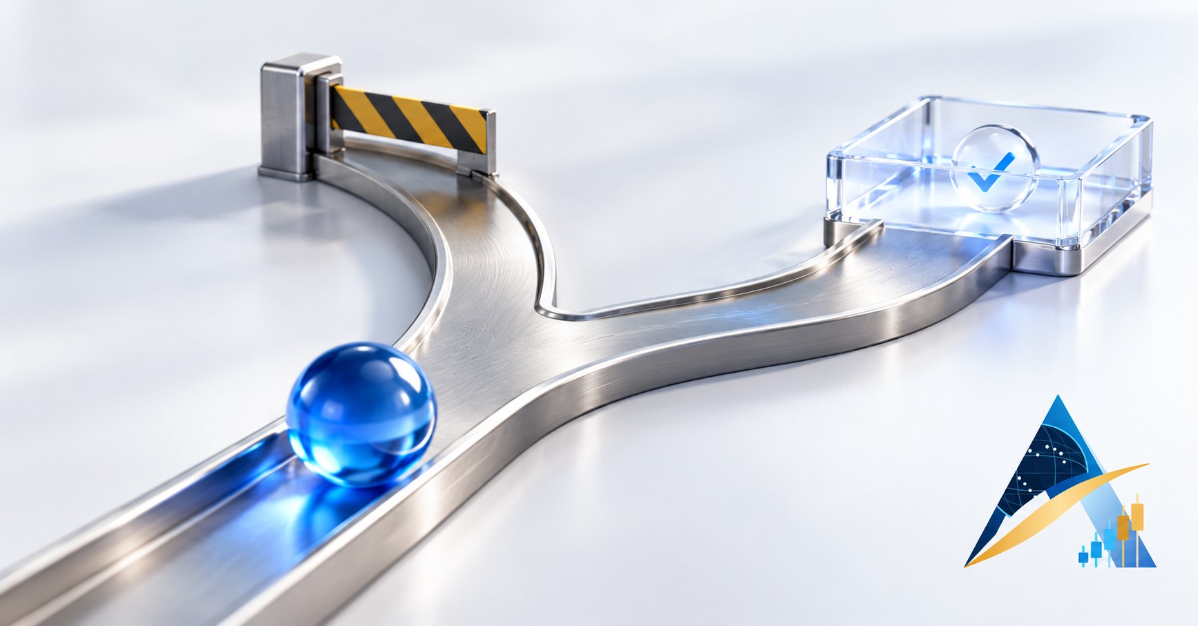 AI-generated realistic conceptual image of a blue glass sphere on a branching steel track with a gate and completion tray, using the supplied Apex logo in the corner; not a real AI product.