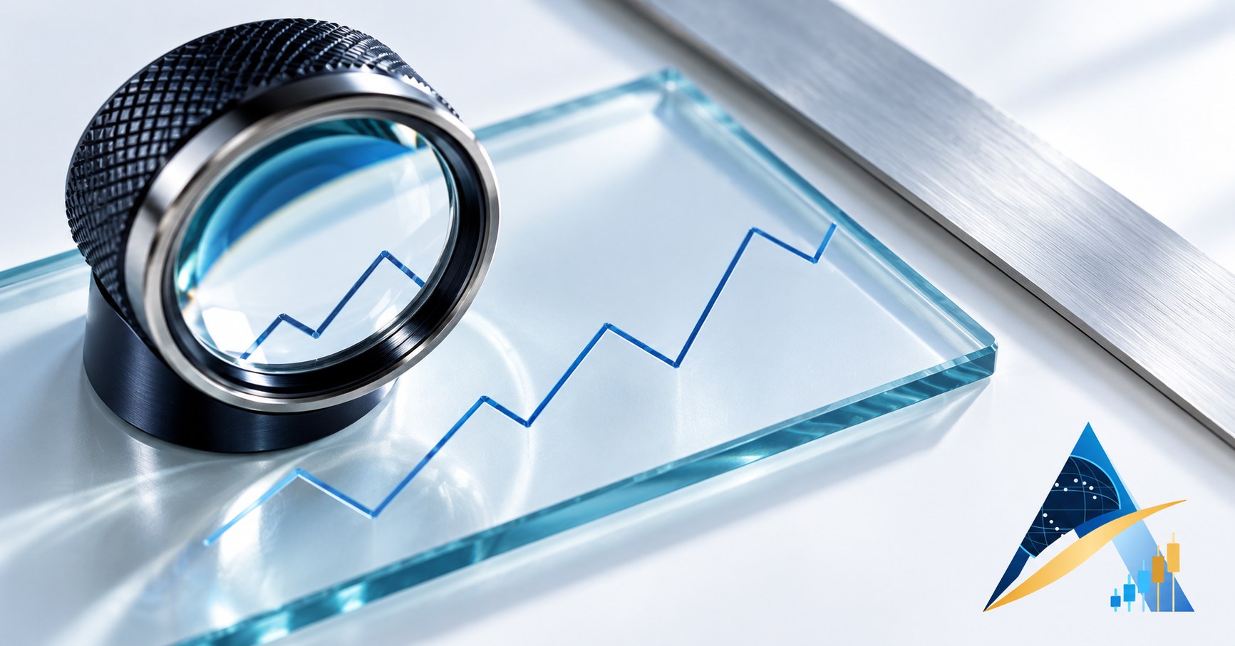 AI-generated realistic conceptual image of an optical loupe over an abstract blue line etched on glass, with the supplied Apex logo in the corner; not actual market data or a trading recommendation.