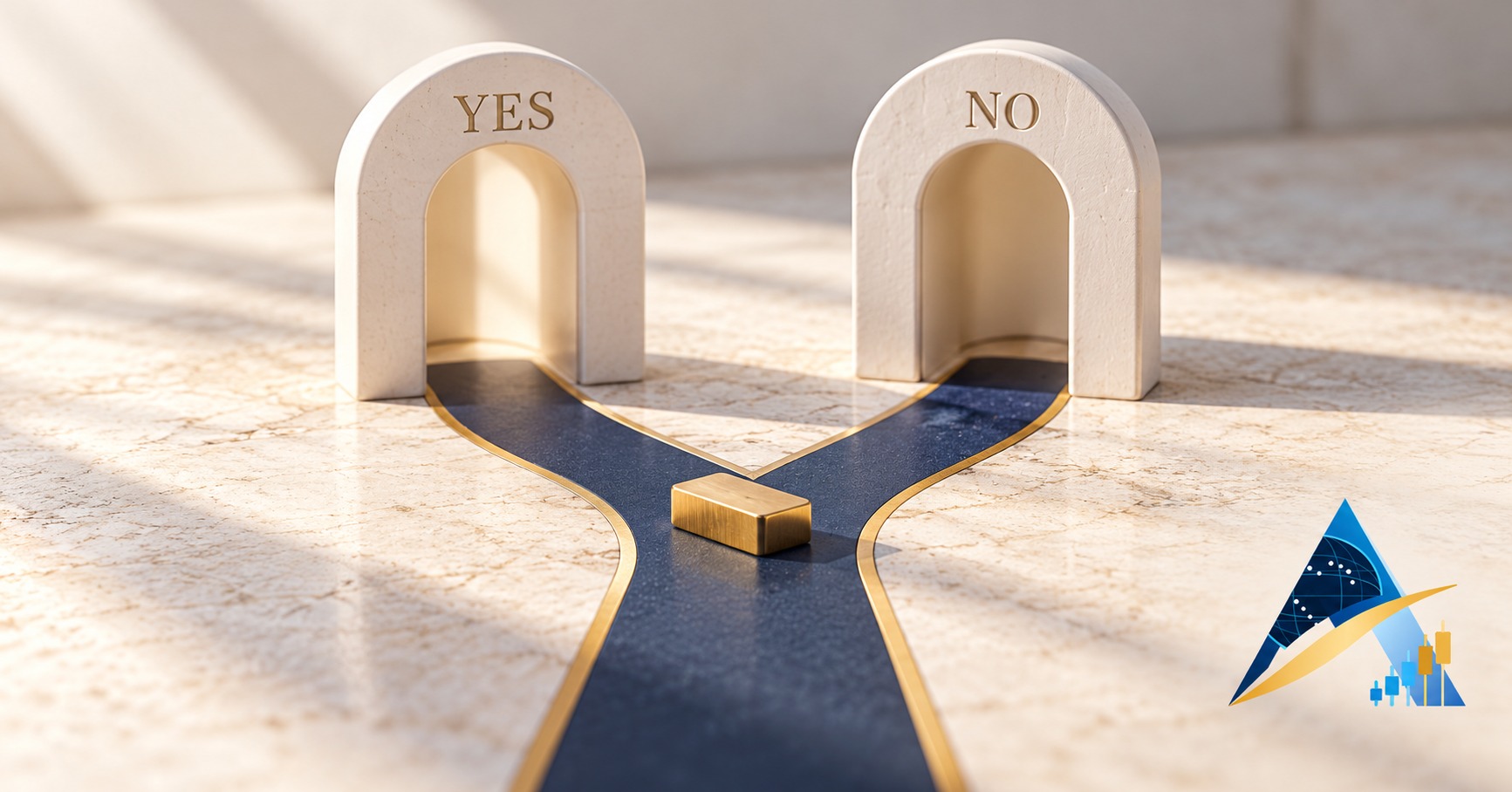 AI-generated realistic conceptual image of Yes and No doorways connected by a branching navy path and a gold token, with the supplied Apex logo in the corner; not a real trading platform.