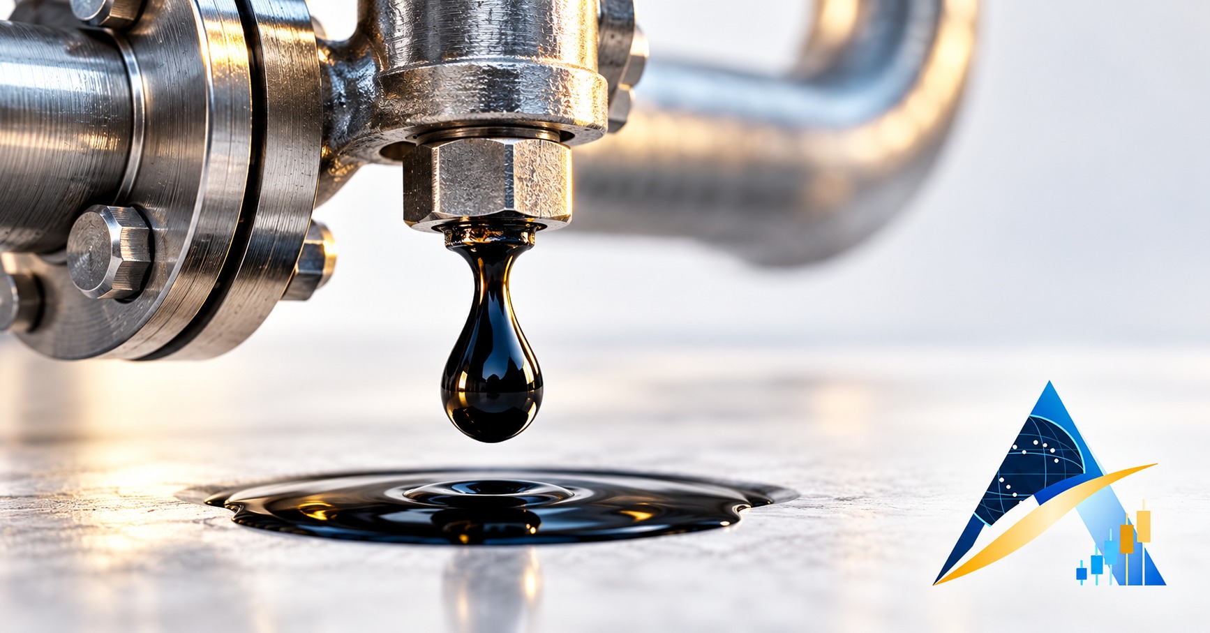 AI-generated realistic conceptual image of a dark oil drop hanging from a steel industrial valve above a small pool, with the supplied Apex logo in the corner; not a photograph of a real facility.