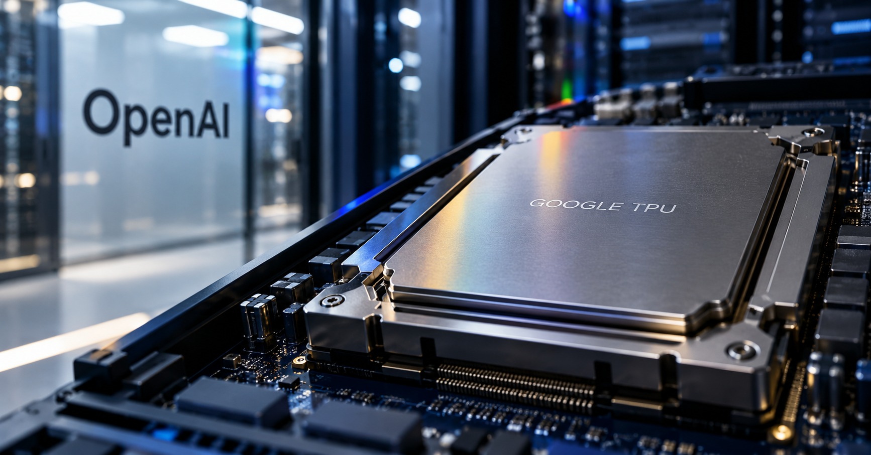 AI-generated conceptual illustration of a generic server accelerator labelled Google TPU beside OpenAI lettering; not a photograph of actual hardware or a completed purchase.