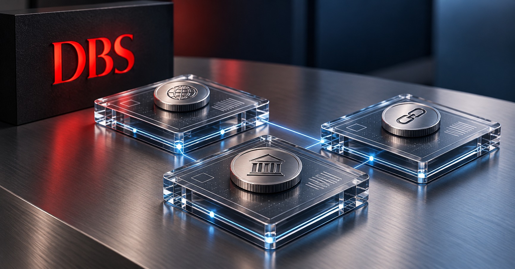 AI-generated conceptual illustration of connected glass ledger tiles and silver tokens beside DBS lettering; not a photograph of an actual bank location, interface or product.
