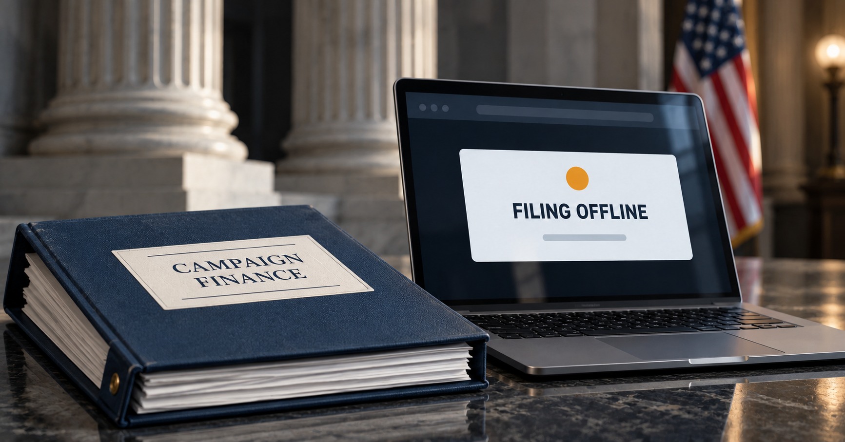 AI-generated staged conceptual image of a campaign-finance folder beside a laptop displaying Filing Offline; not a real FEC screenshot, official document or voting system.