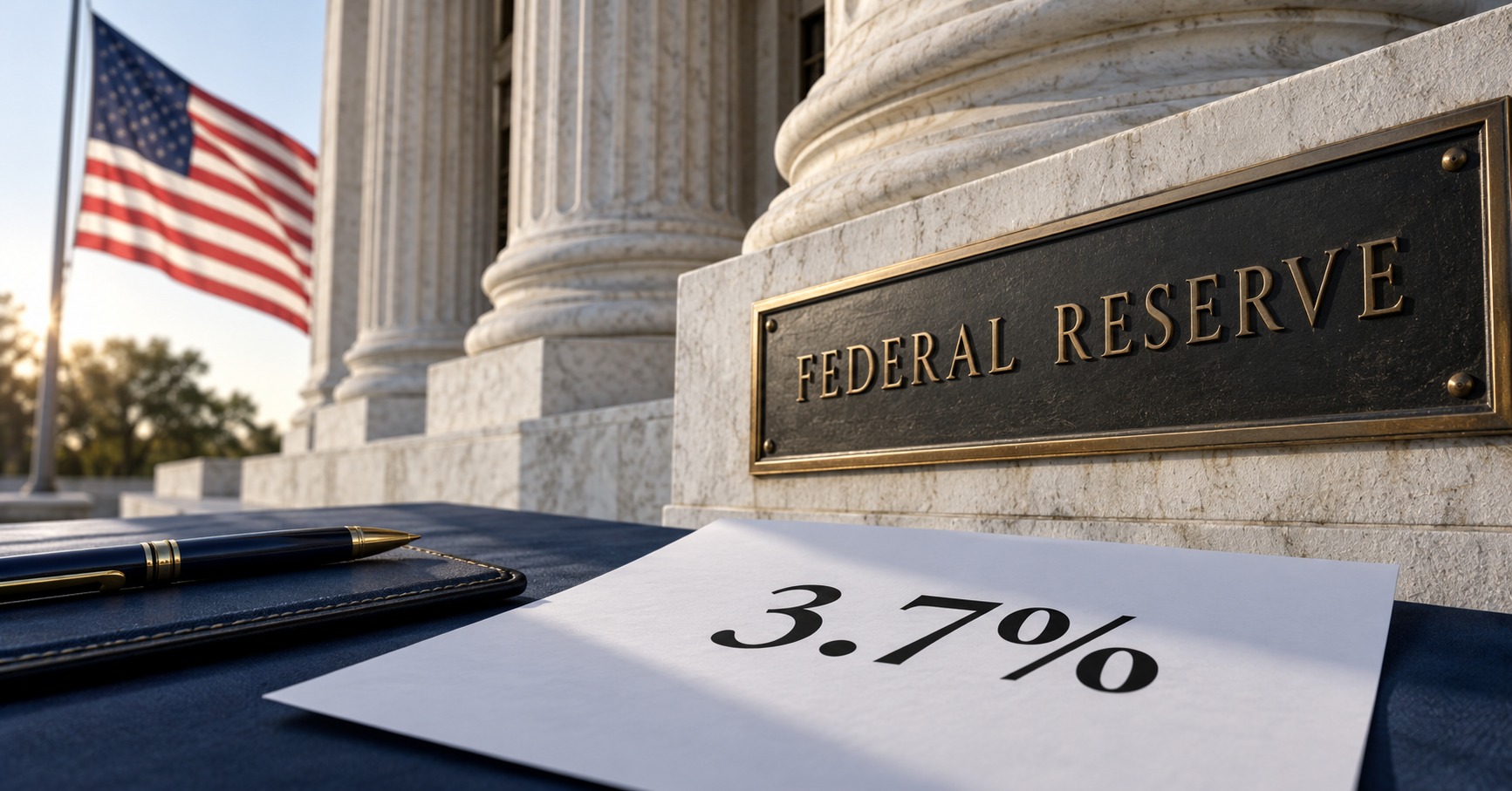 AI-generated staged conceptual photograph of Federal Reserve lettering, columns and a sheet marked 3.7 percent; not a photograph of a real meeting or government document.