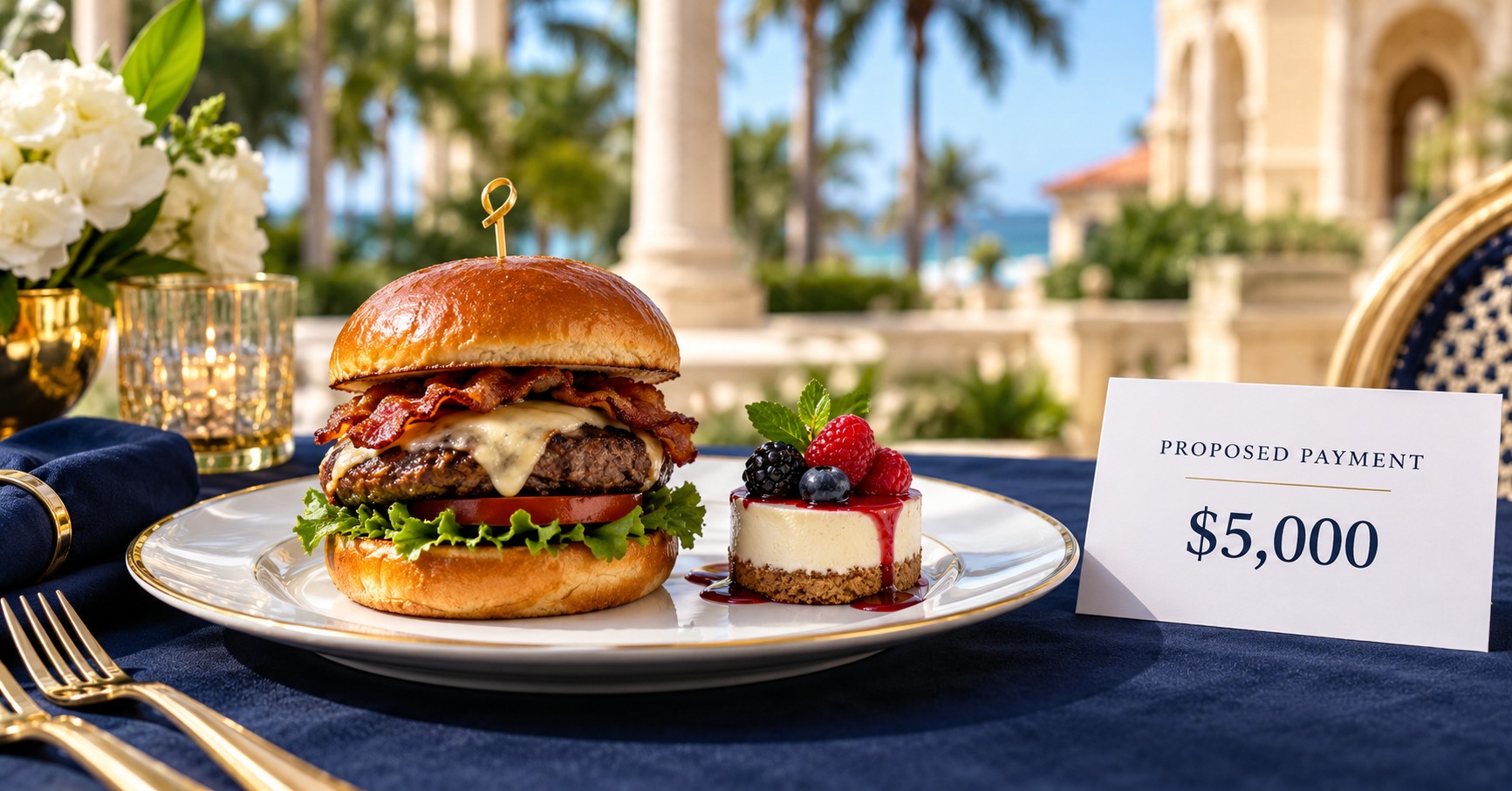 AI-generated staged conceptual photograph of a burger and small dessert beside a card marked Proposed Payment $5,000; not an actual Mar-a-Lago meal, menu price or government check.