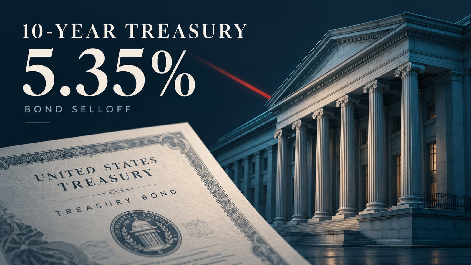 Minimal editorial illustration of the U.S. Treasury building and a bond certificate, with 10-year Treasury 5.35% text and a red selloff accent.