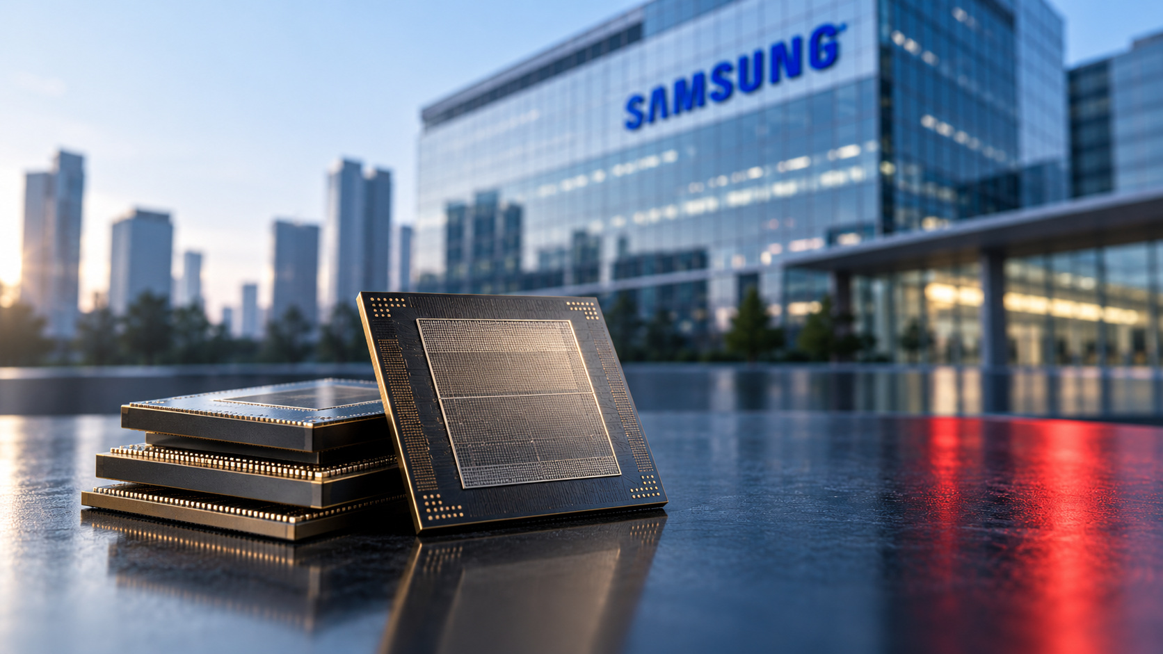 AI-generated conceptual illustration of unbranded memory chips on a workbench in front of a Samsung-branded glass building; not an actual Samsung facility photograph or product image.