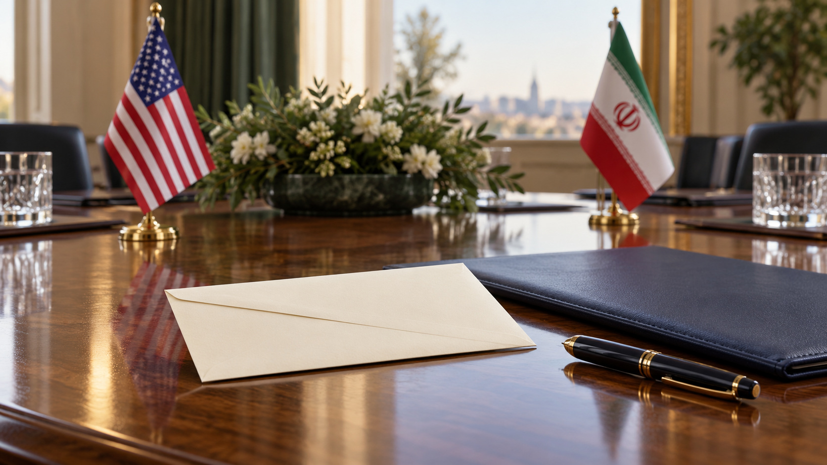 AI-generated staged illustration of an unmarked envelope, folder and pen on a table with U.S. and Iranian flags; not the actual Vance letter or a real diplomatic meeting.
