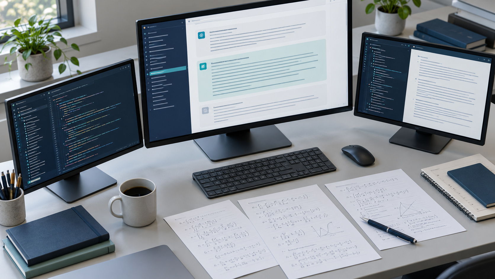 AI-generated conceptual illustration of a generic three-screen research workstation with example answers and code; not an actual OpenAI, DeepSeek or Moonshot interface or training facility.