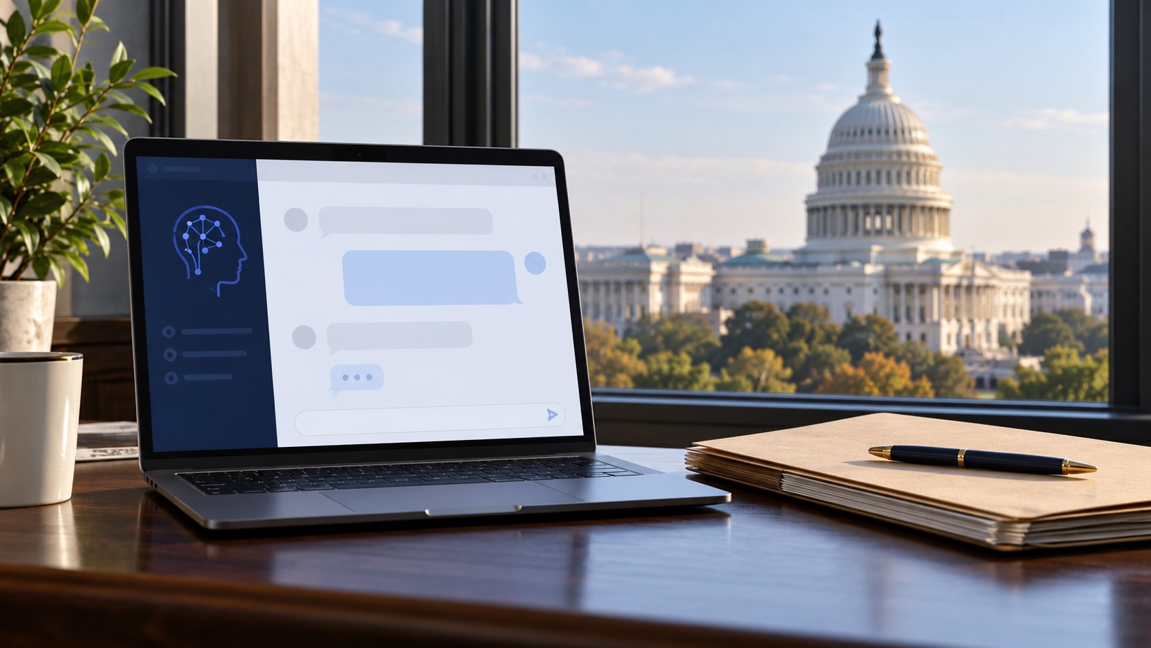 AI-generated conceptual illustration of a generic chatbot laptop and records folder with the U.S. Capitol in the background; not Trump's actual chats or office.