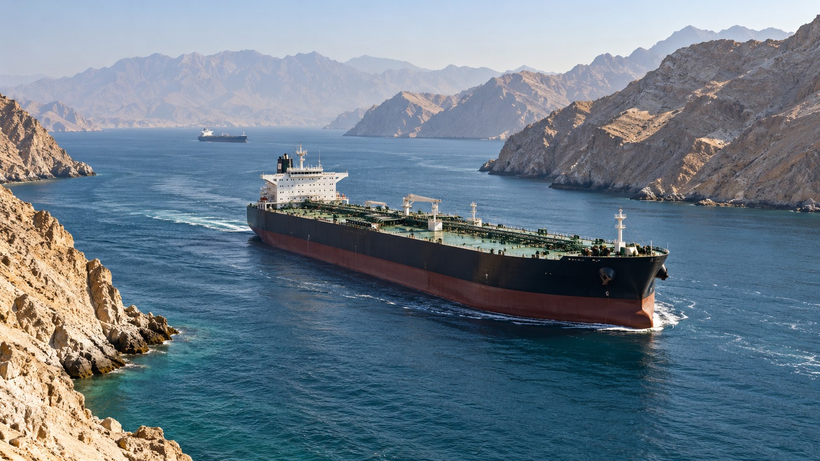 AI-generated conceptual illustration of generic oil tankers in an arid Gulf coastal passage; not the reported incident, an identified vessel or a verified navigation route.