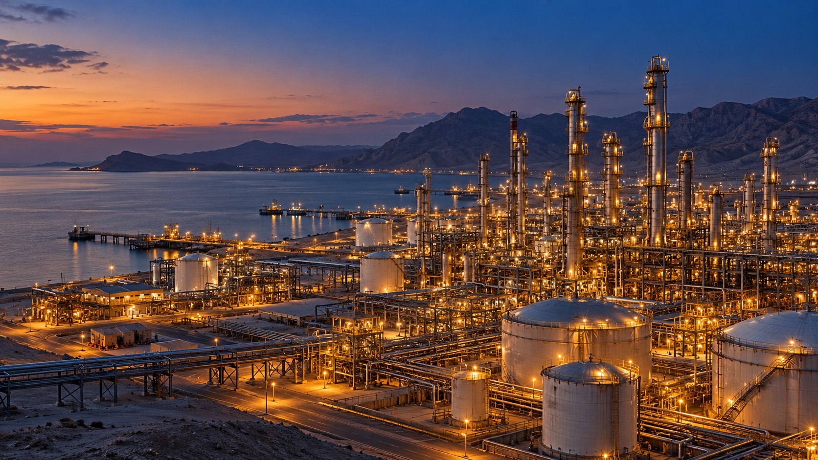 AI-generated conceptual illustration of a generic coastal energy-processing complex at dusk; not an identified Iranian target or documentation of an attack.