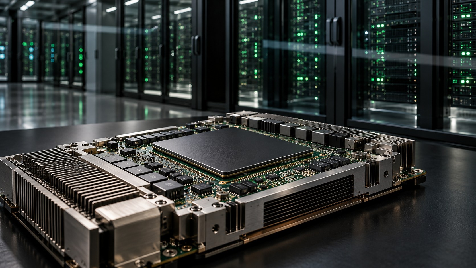 AI-generated conceptual illustration of an unbranded AI accelerator and secure server racks; not an actual Nvidia product photograph, suspect or documented espionage event.