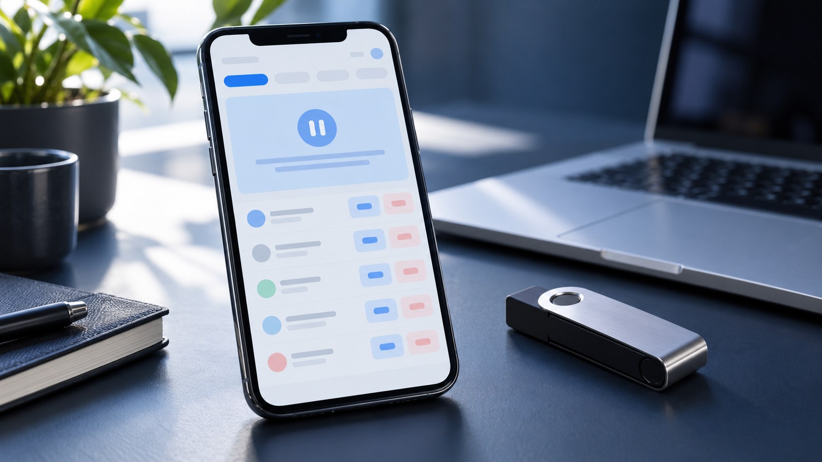 Conceptual illustration of a paused prediction-market interface on a phone beside a hardware wallet.