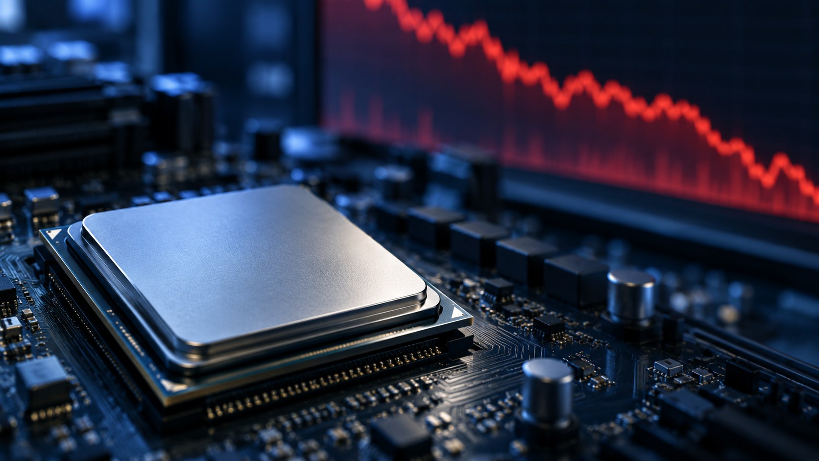Conceptual illustration of a computer processor beside a blurred descending market line.