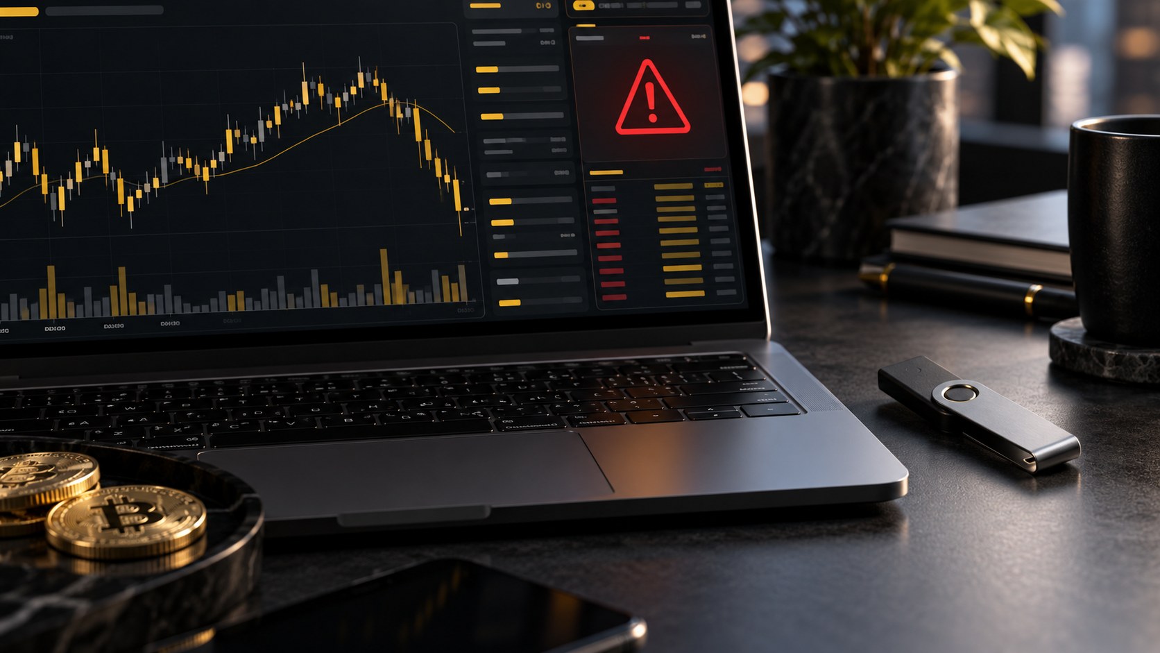 Conceptual illustration of a cryptocurrency trading screen and security warning beside a hardware key.
