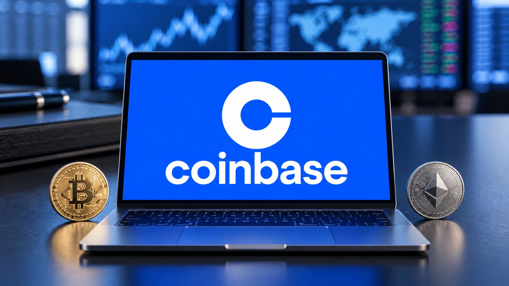 Conceptual illustration of a laptop prominently displaying Coinbase branding, with smaller Bitcoin and Ethereum investment tokens beside it.