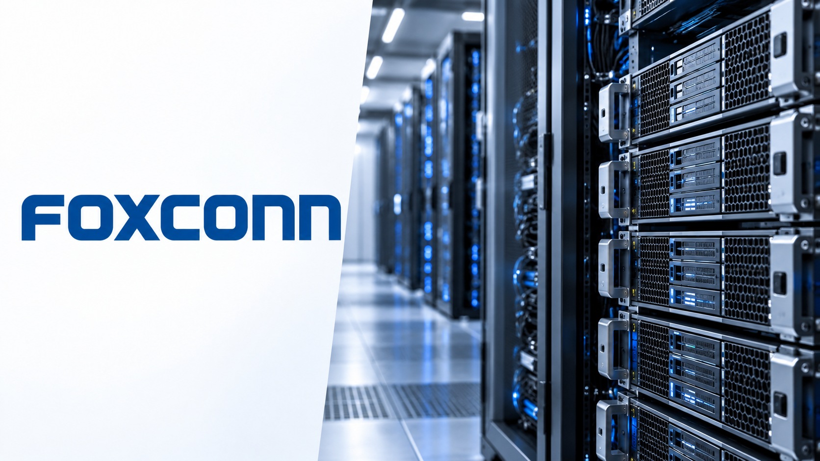 Conceptual illustration featuring the Foxconn wordmark beside AI server racks, not a photograph of a specific facility.