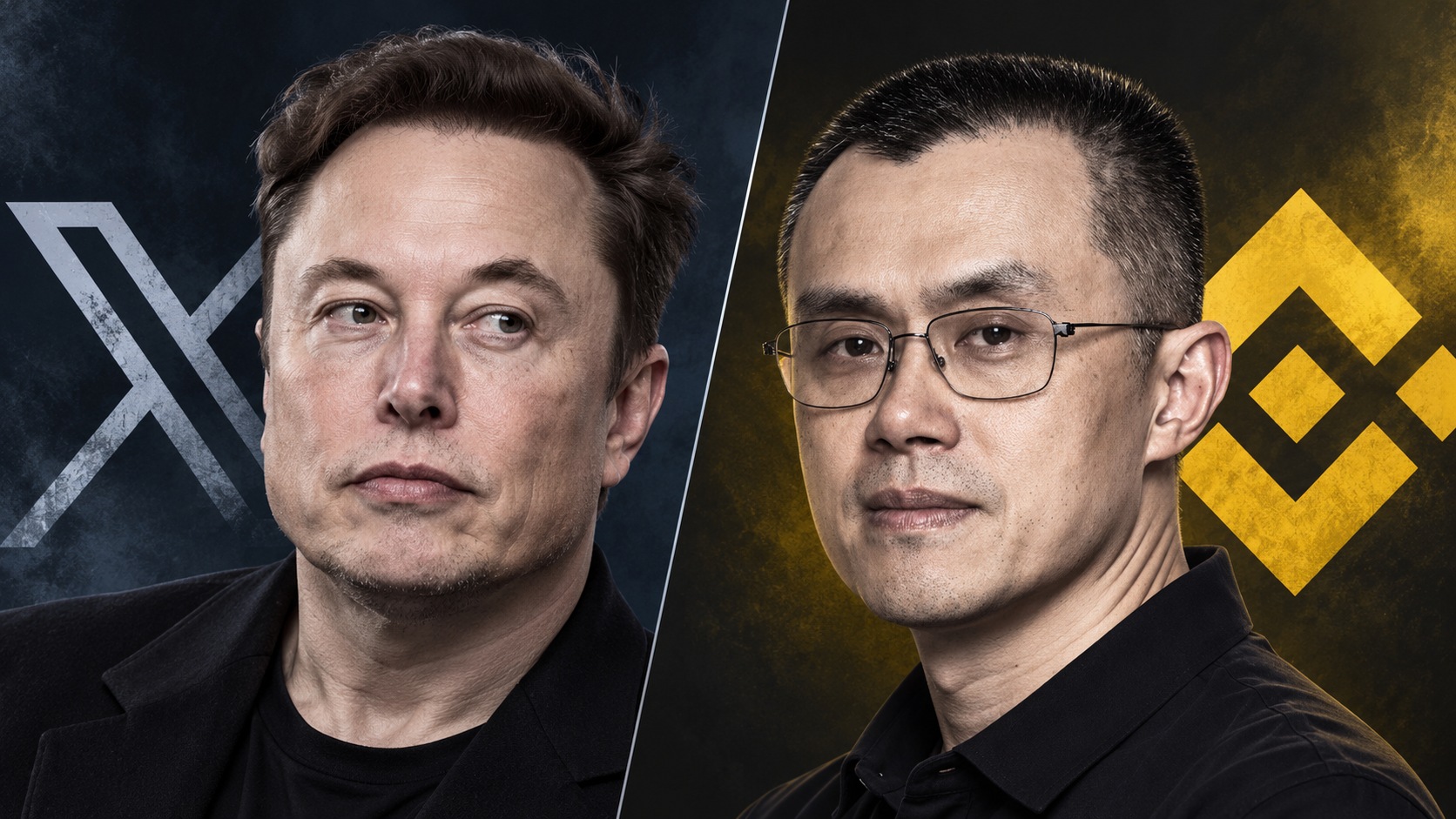 Editorial illustration of Elon Musk and Changpeng Zhao in separate portrait panels with X and Binance symbols; not a photograph of a meeting.