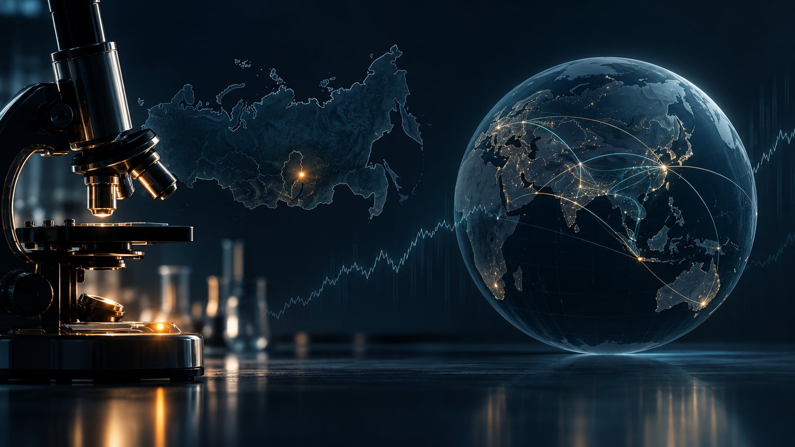 Editorial illustration of a microscope, a map of Russia with a Siberian light point, and a connected globe against a dark financial-market background.