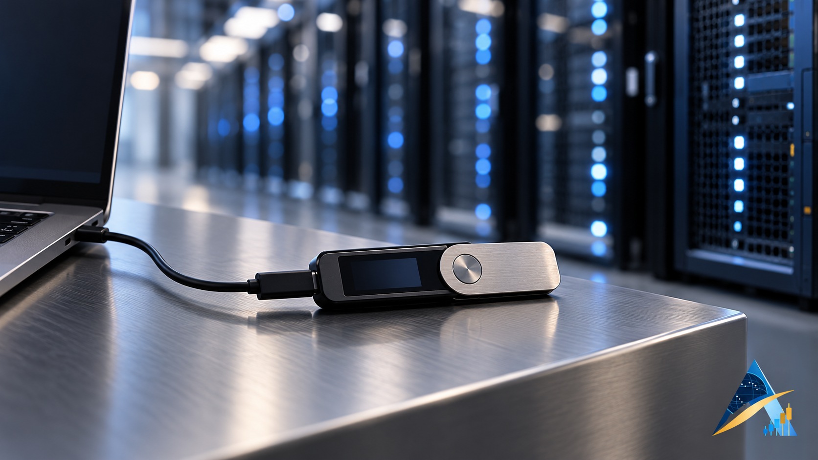 Conceptual hardware crypto wallet connected to a laptop beside server racks, with the supplied Apex logo in the corner.