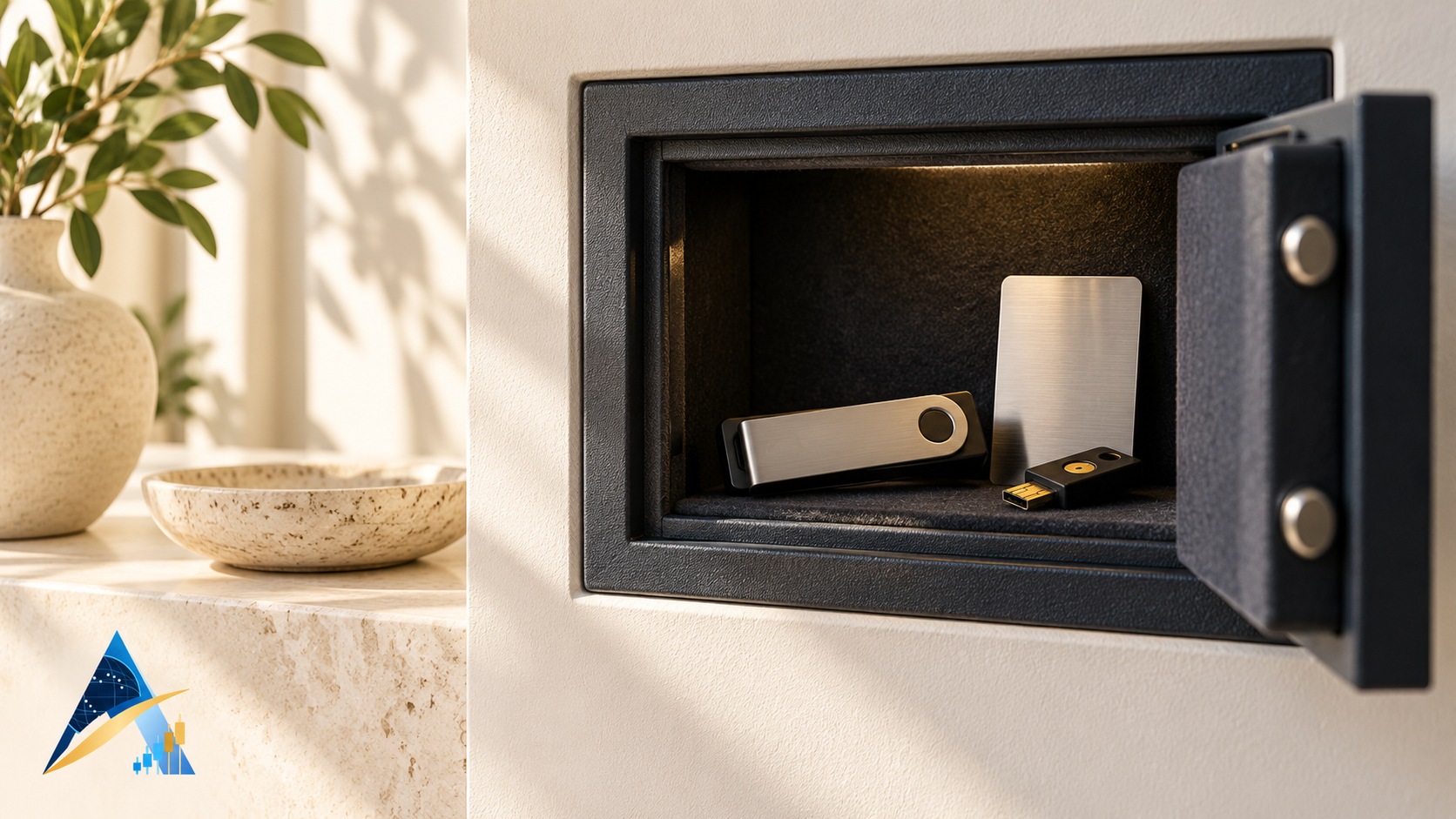 Conceptual home safe with a hardware wallet, security key and blank metal plate, with the supplied Apex logo in the corner.