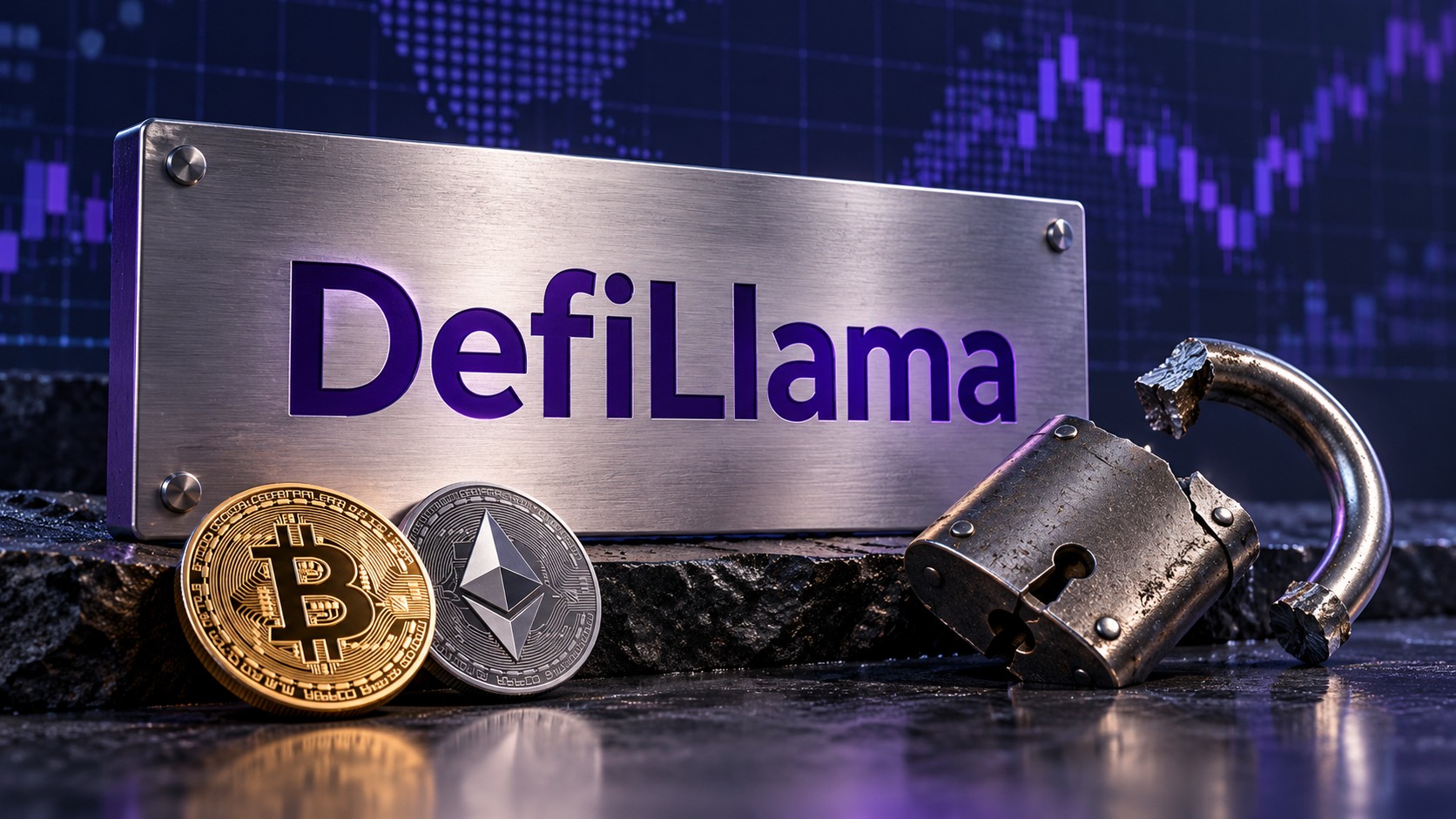 Conceptual editorial illustration with DefiLlama lettering, a broken padlock and Bitcoin and Ethereum coin representations.
