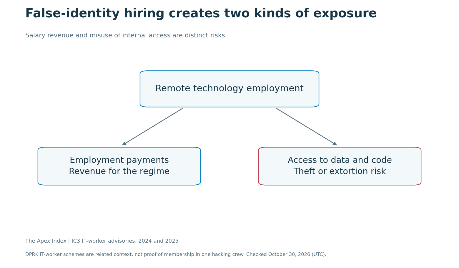 Diagram separating revenue from false-identity technology employment from data theft and extortion risks.