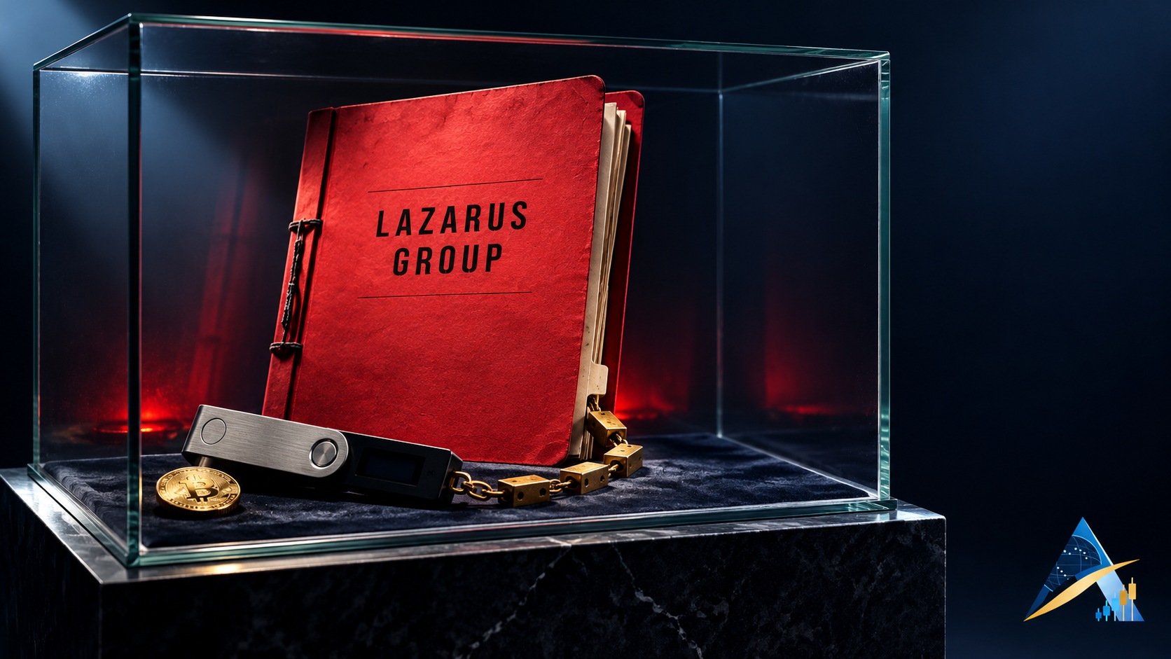 Conceptual illustration of a red Lazarus Group dossier and a hardware wallet in a glass evidence display, with the actual Apex logo in the corner. This is not real seized evidence.