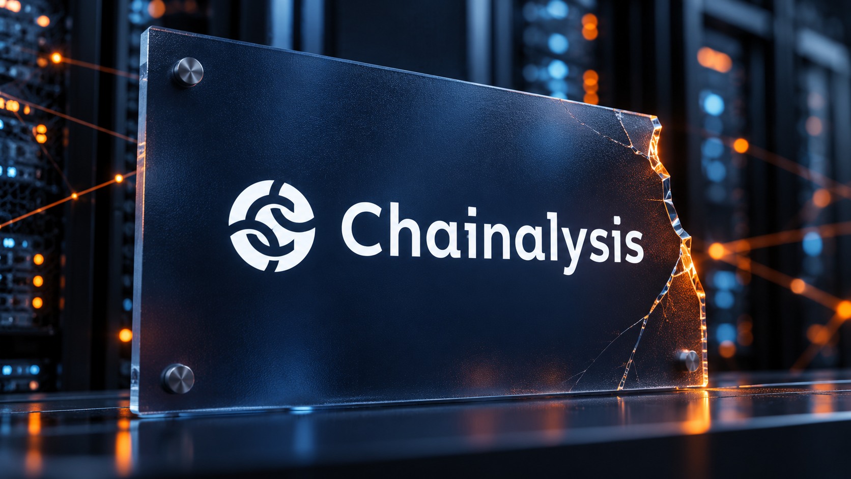Conceptual illustration of the Chainalysis logo on cracked navy glass with blurred server equipment in the background.