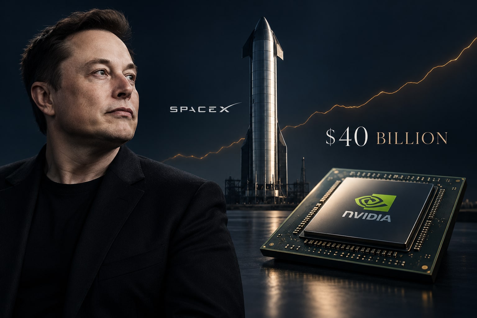 Editorial illustration of Elon Musk, a SpaceX rocket and Nvidia chip beside $40 billion text; the background line is illustrative, not market data.