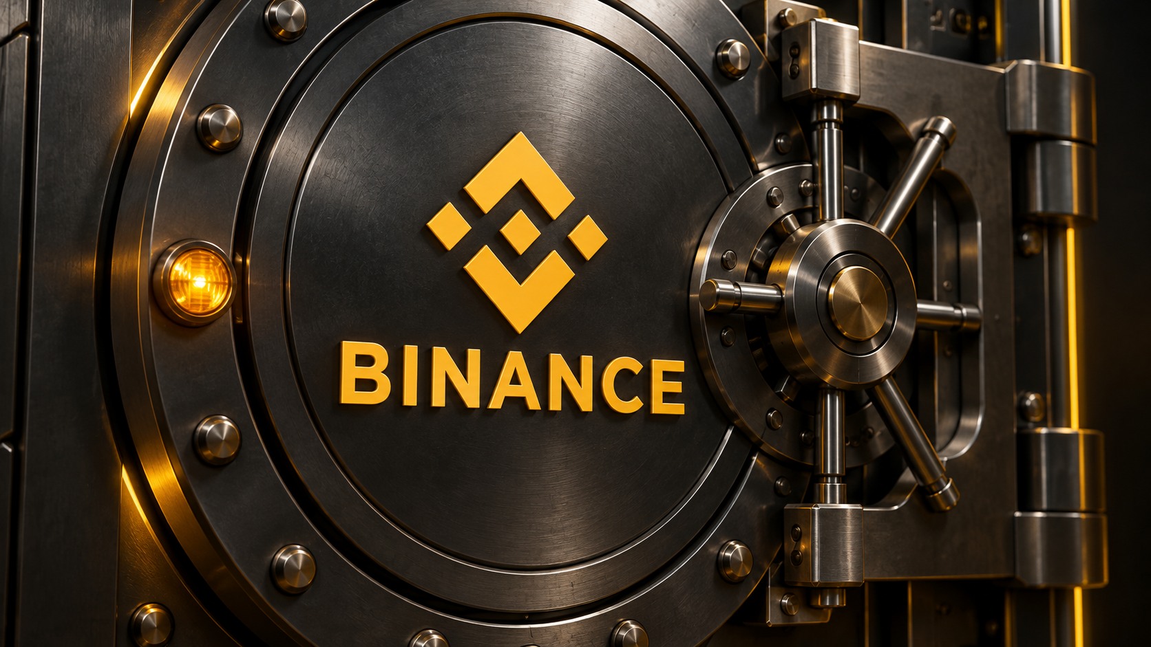 Conceptual illustration of yellow Binance branding on a closed graphite security vault with an amber status light.