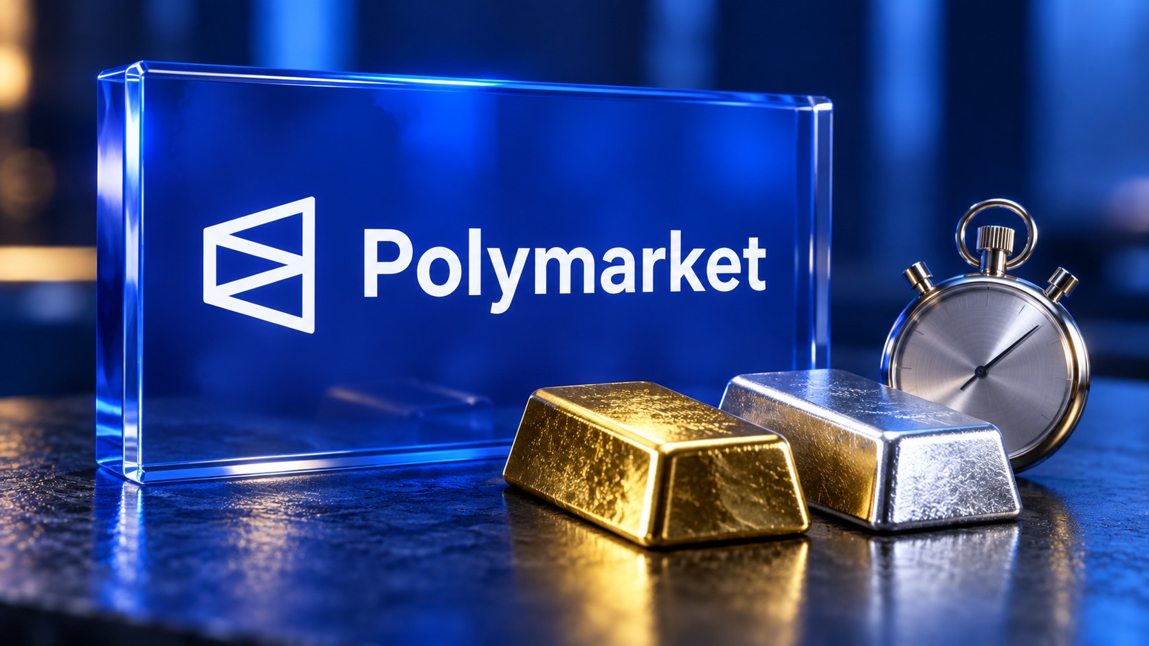 Conceptual illustration of a blue Polymarket-branded sign beside gold and silver bullion bars and a stopwatch.