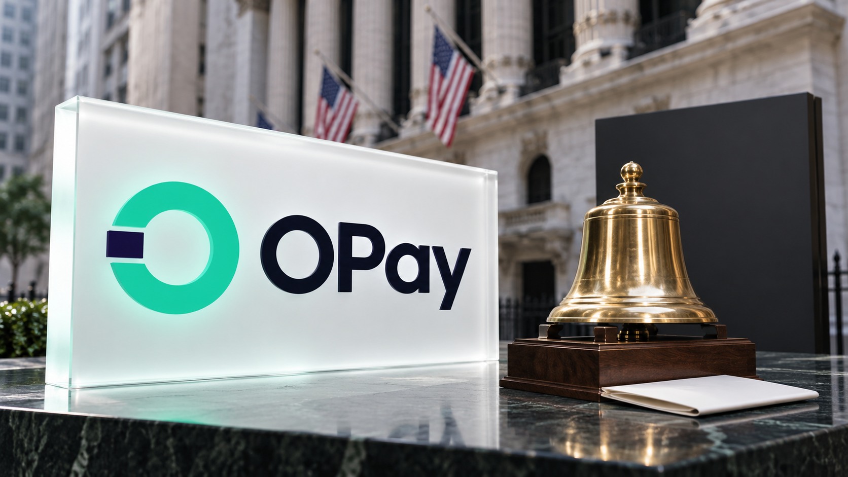Conceptual illustration of OPay branding beside a motionless brass ceremonial bell and a blank listing document.