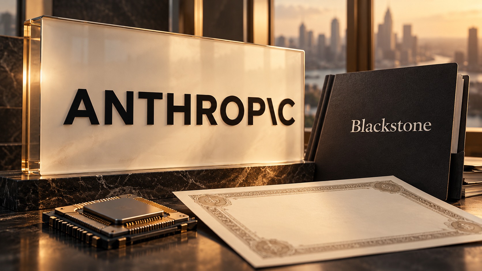 Conceptual illustration of an Anthropic-branded ivory panel, a Blackstone folder, a blank bond document and a computer chip.
