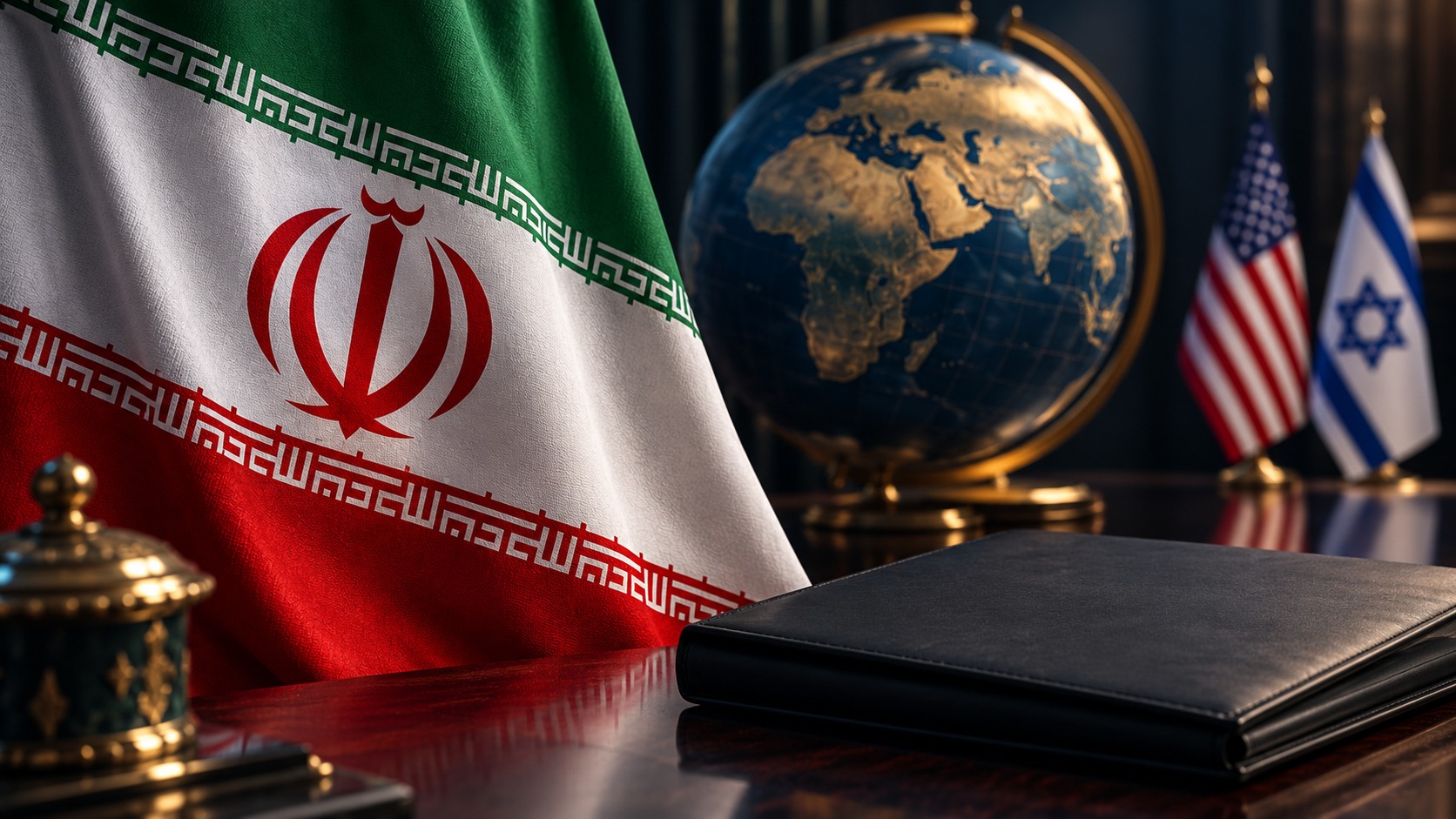 Conceptual illustration of an Iranian flag beside a closed folder and a globe, with U.S. and Israeli flags in the background.