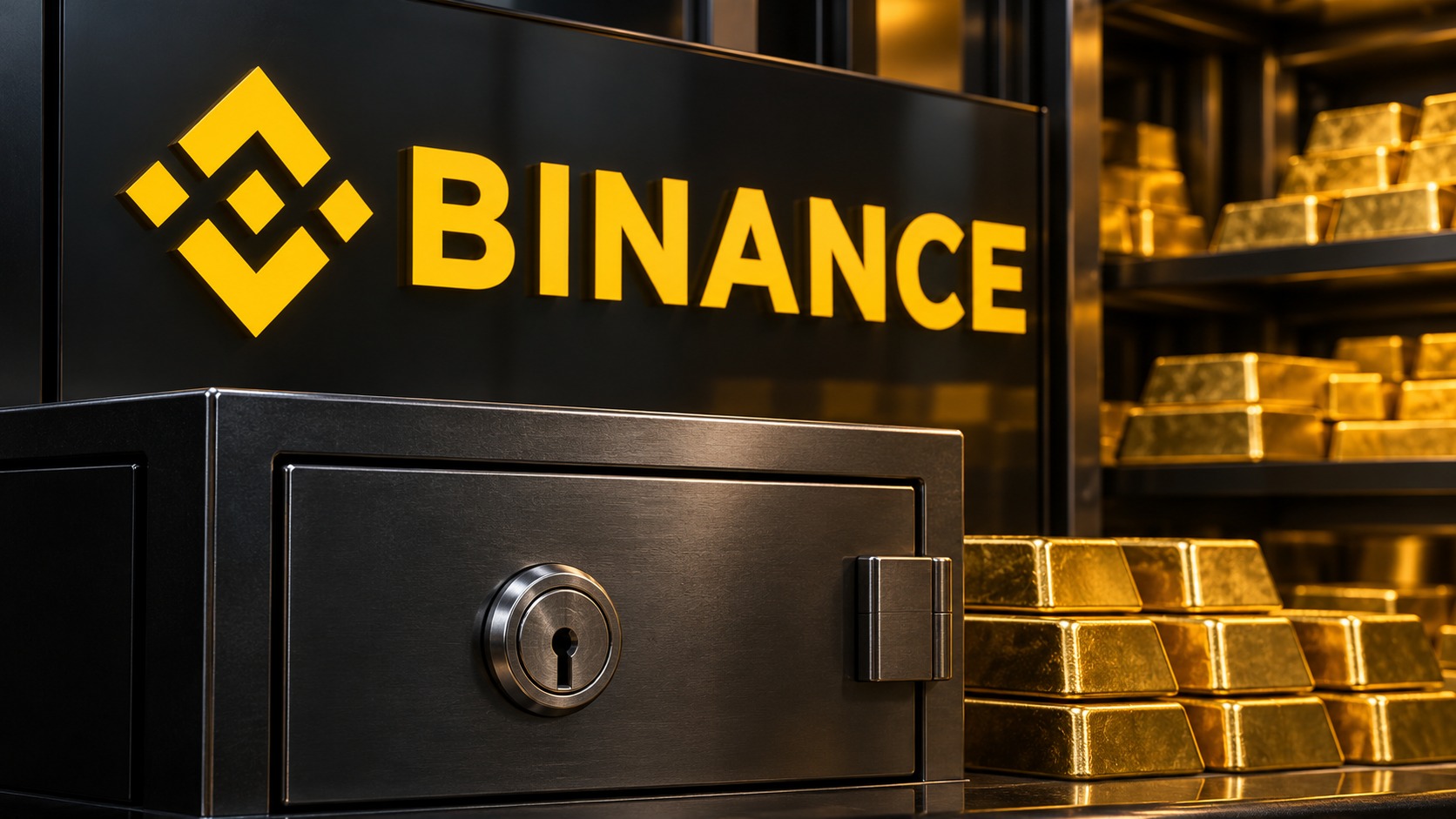 Conceptual illustration of Binance branding beside a locked safe-deposit drawer and reserve ingots.
