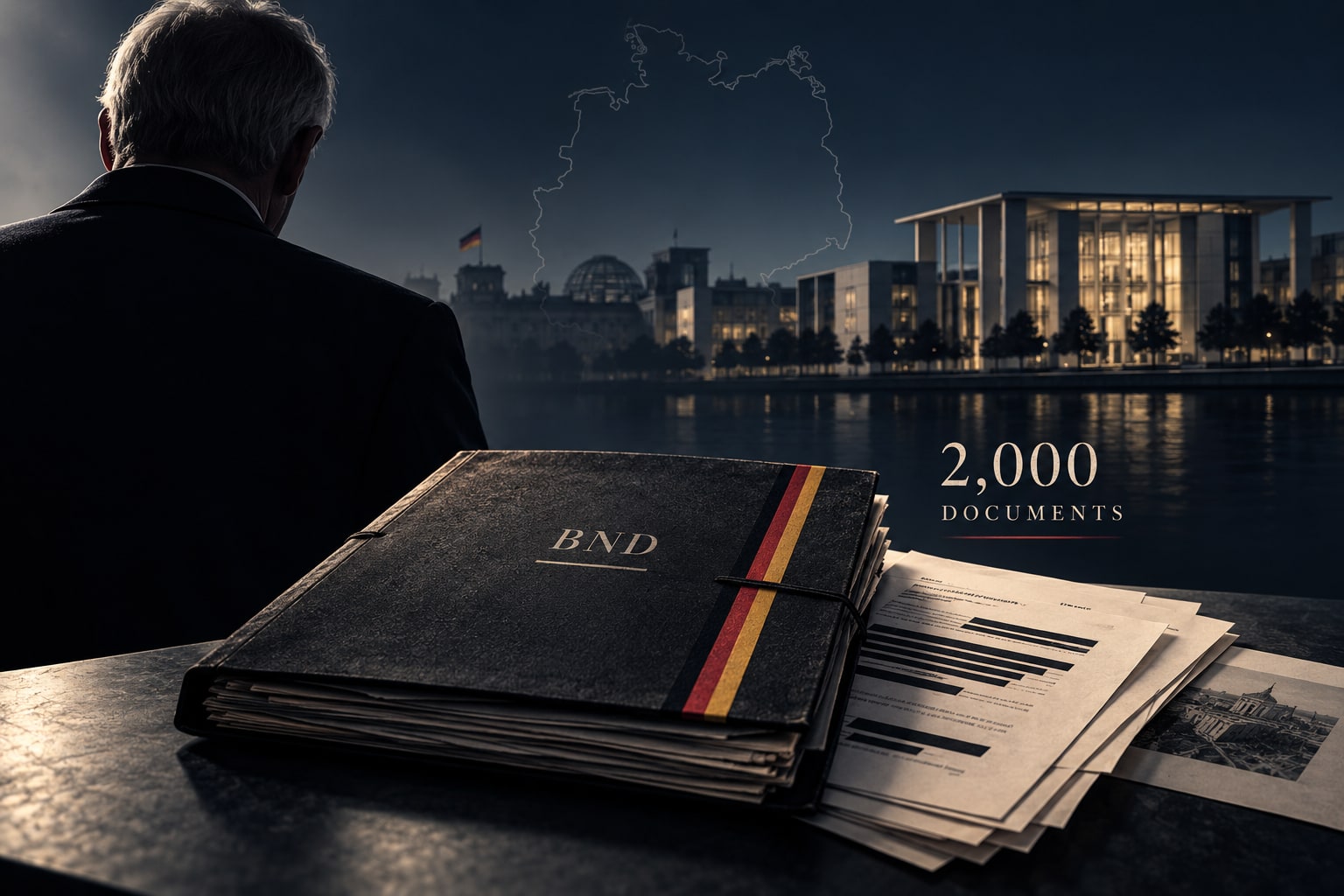 Editorial illustration of an anonymous former intelligence official beside a BND folder and redacted documents, with Berlin government buildings behind him.