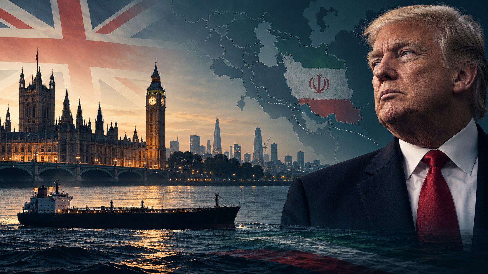 Editorial illustration of Donald Trump, London’s Parliament, an oil tanker and a stylized Iran map; not a photograph of a military operation.