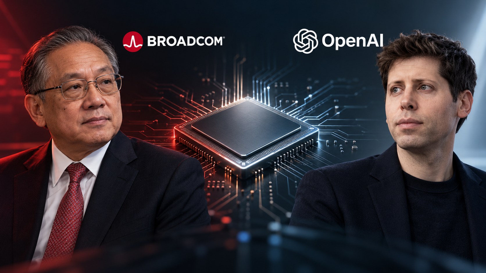 Editorial illustration of Broadcom CEO Hock Tan and OpenAI CEO Sam Altman beside a generic AI chip and company branding; not a photograph of an unreleased chip.