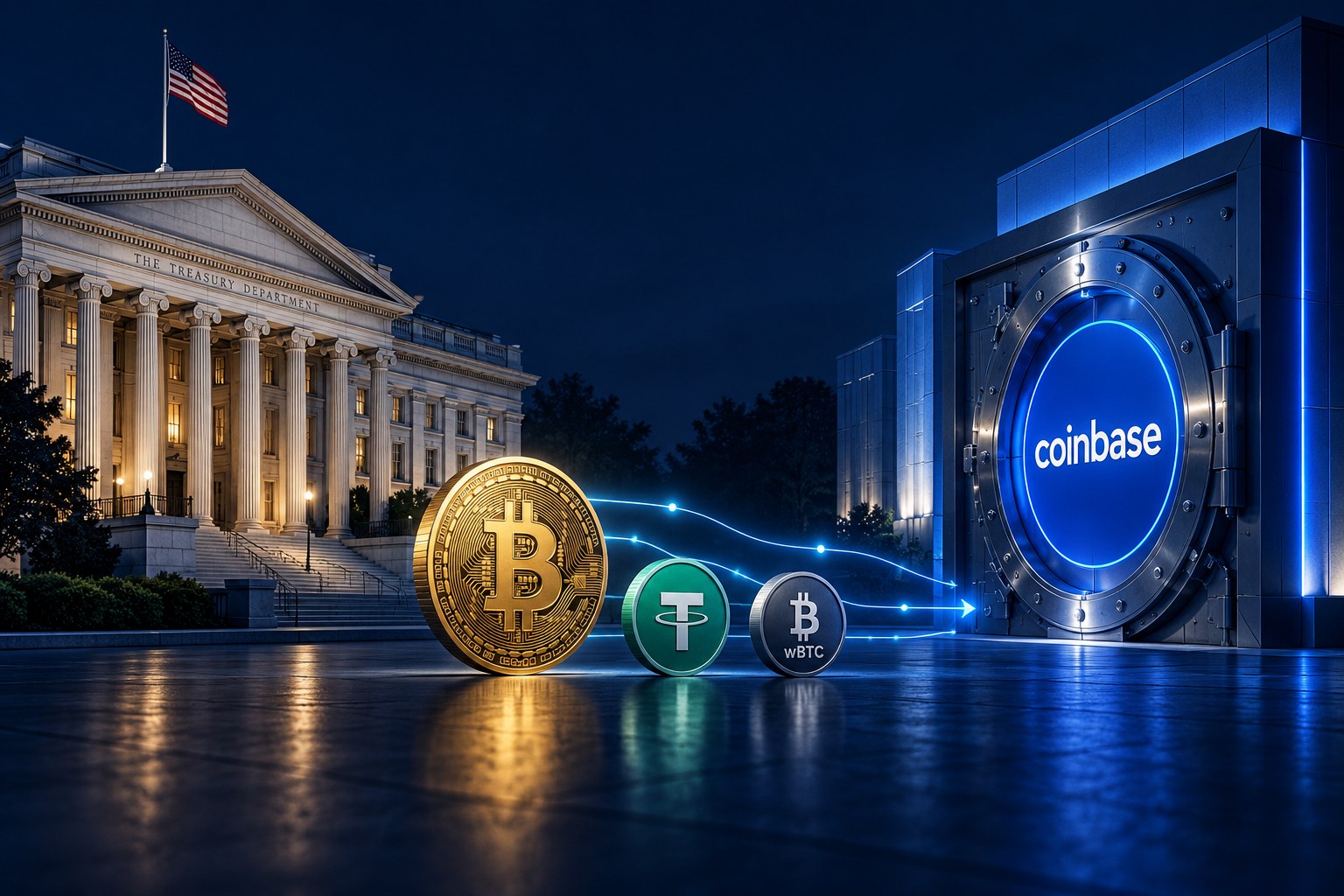 Editorial illustration of the U.S. Treasury building, Bitcoin, USDT and wBTC tokens, and a Coinbase-labelled digital vault connected by transfer lines; not a photograph or proof of a sale.