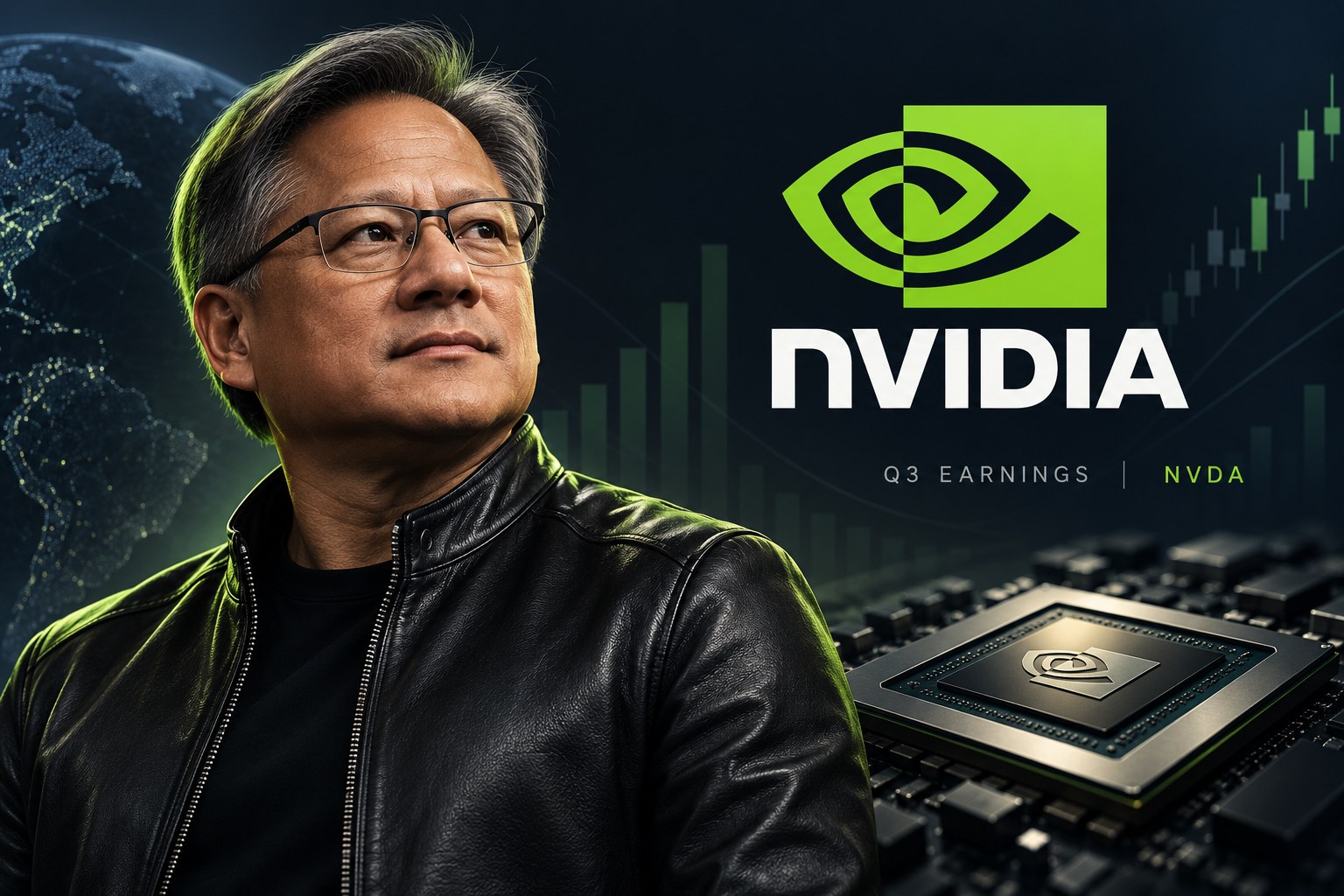 Editorial illustration of Jensen Huang beside Nvidia branding, a generic AI chip and abstract chart motifs for Q3 earnings analysis; motifs are not market data.