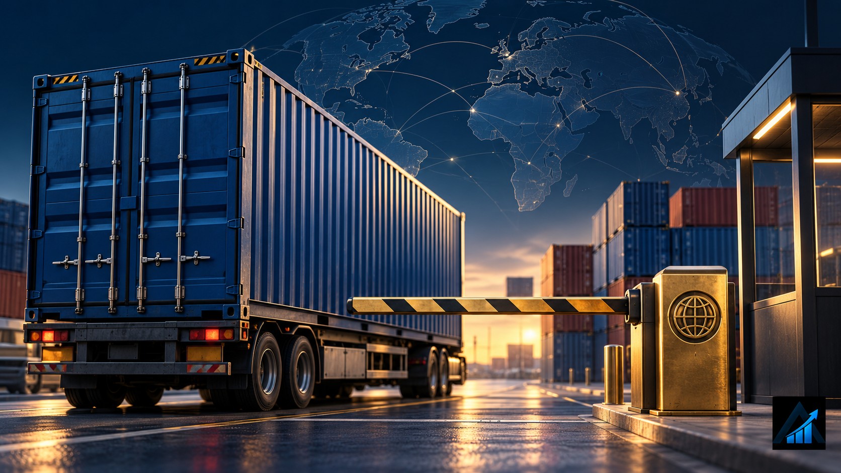 A shipping container at a customs checkpoint, with a globe behind it and the blue Apex Index logo in the bottom-right corner. Original illustration.