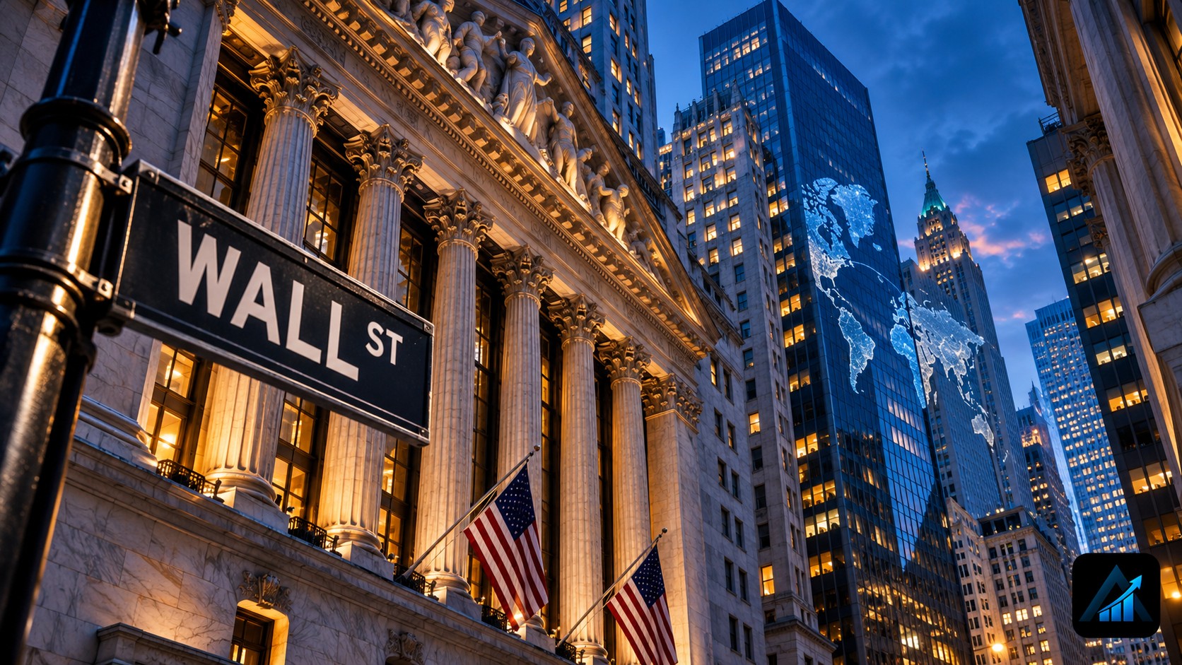 Original illustration of Wall Street and stock-exchange architecture at blue hour, a world-map reflection and the blue Apex Index logo in the bottom-right corner.