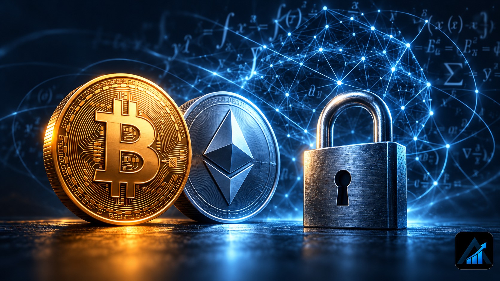 Original editorial illustration of Bitcoin and Ethereum tokens beside an intact closed lock, with a mathematical network behind them and the blue Apex logo in the corner.