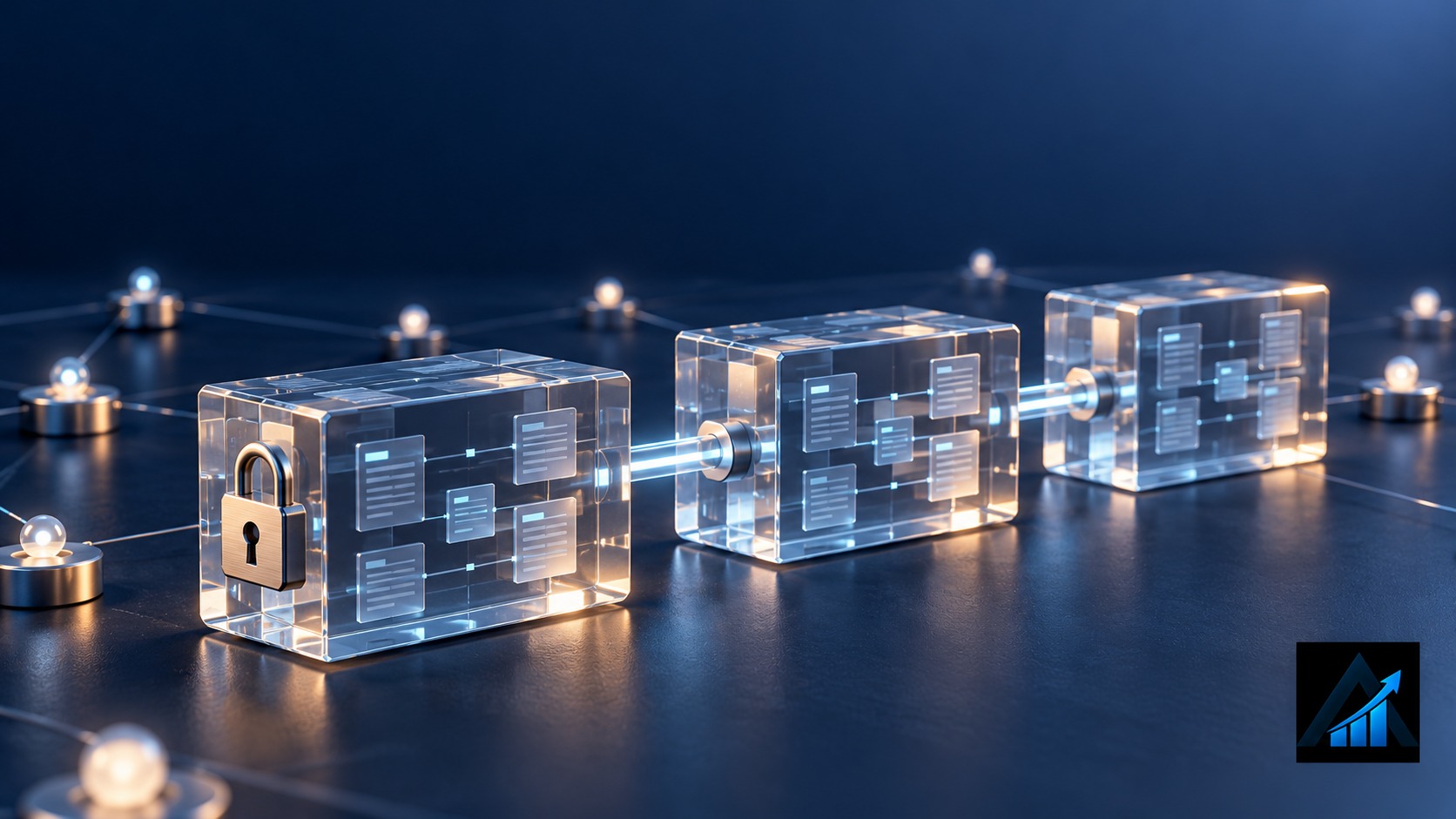Original illustration of three connected glass ledger blocks and a lock against a navy network background, with the blue Apex Index logo inset in the bottom-right corner.
