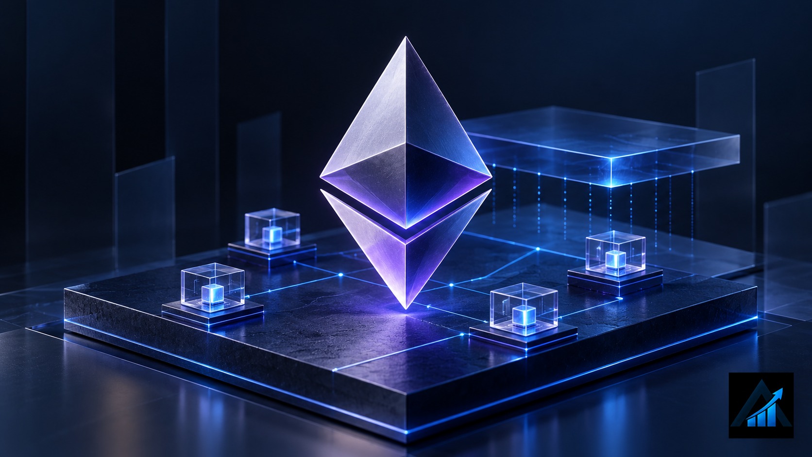 Original illustration of a luminous Ethereum diamond above connected ledger and computing layers, with the blue Apex Index logo inset in the bottom-right corner.