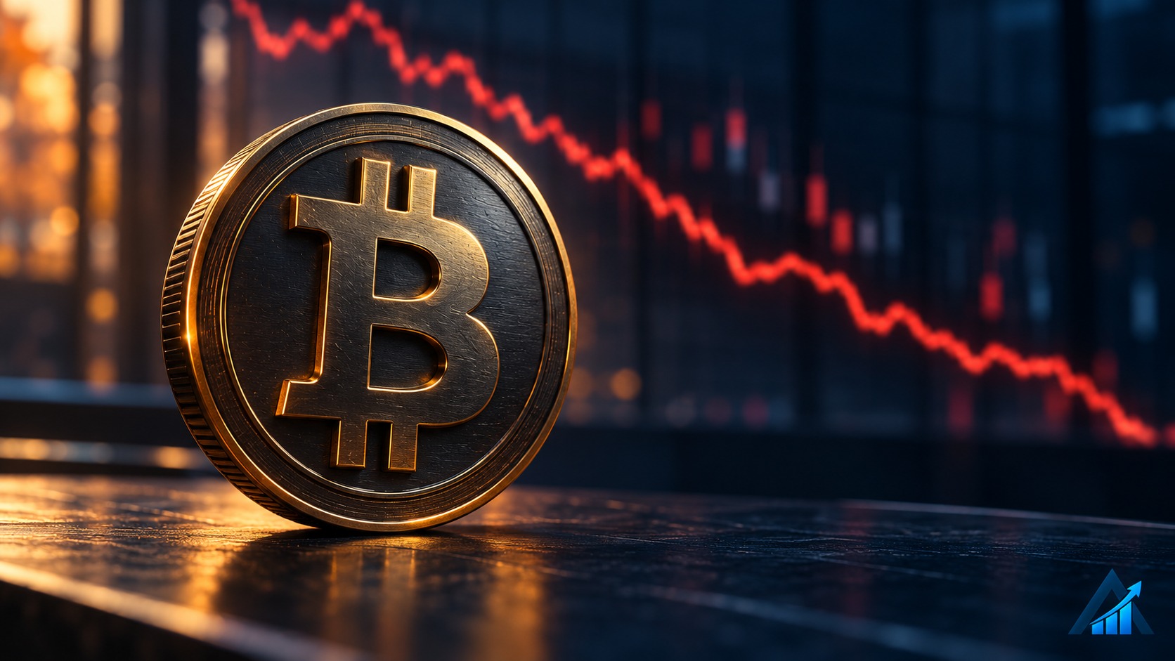 Original editorial illustration of a Bitcoin coin against a falling red market line, with a subtle blue Apex arrow and bars in the bottom-right corner.
