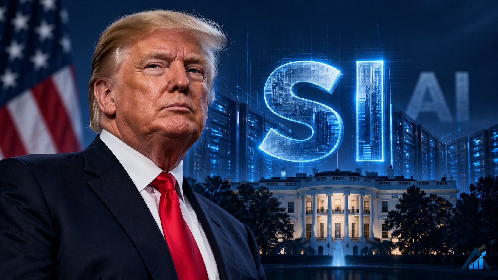 Original editorial illustration of Donald Trump beside a blue SI lettermark, server infrastructure and the White House, with a small Apex logo in the bottom-right corner.