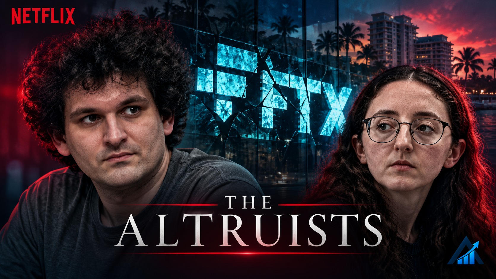 Original Apex editorial illustration of Sam Bankman-Fried and Caroline Ellison beside a fractured FTX mark and Netflix name. This depicts the historical people, not the actors or an official series poster.